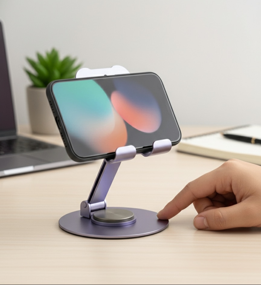 foldable, adjustable, and rotatable desktop phone/tablet stand.