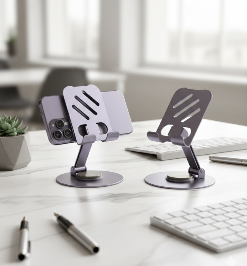 foldable, adjustable, and rotatable desktop phone/tablet stand.