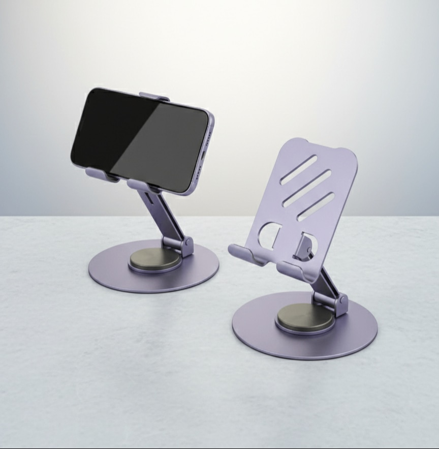 foldable, adjustable, and rotatable desktop phone/tablet stand.