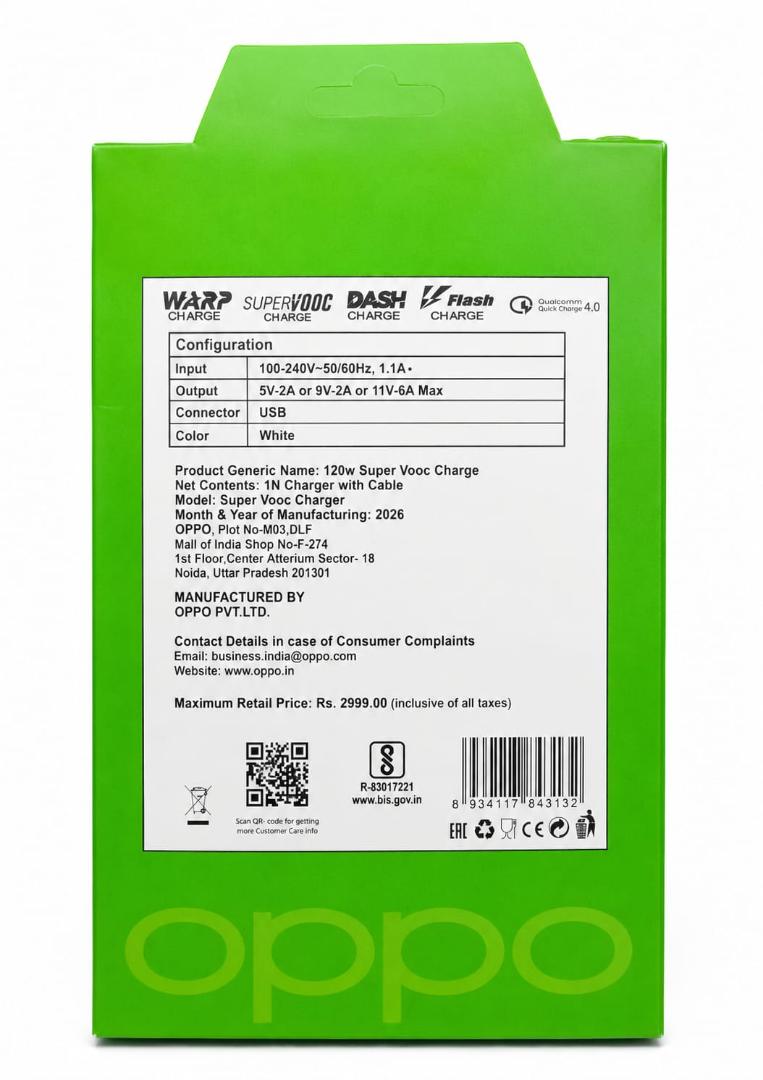 Oppo120w super vooc ultra power adapter Warranty 6 Month
