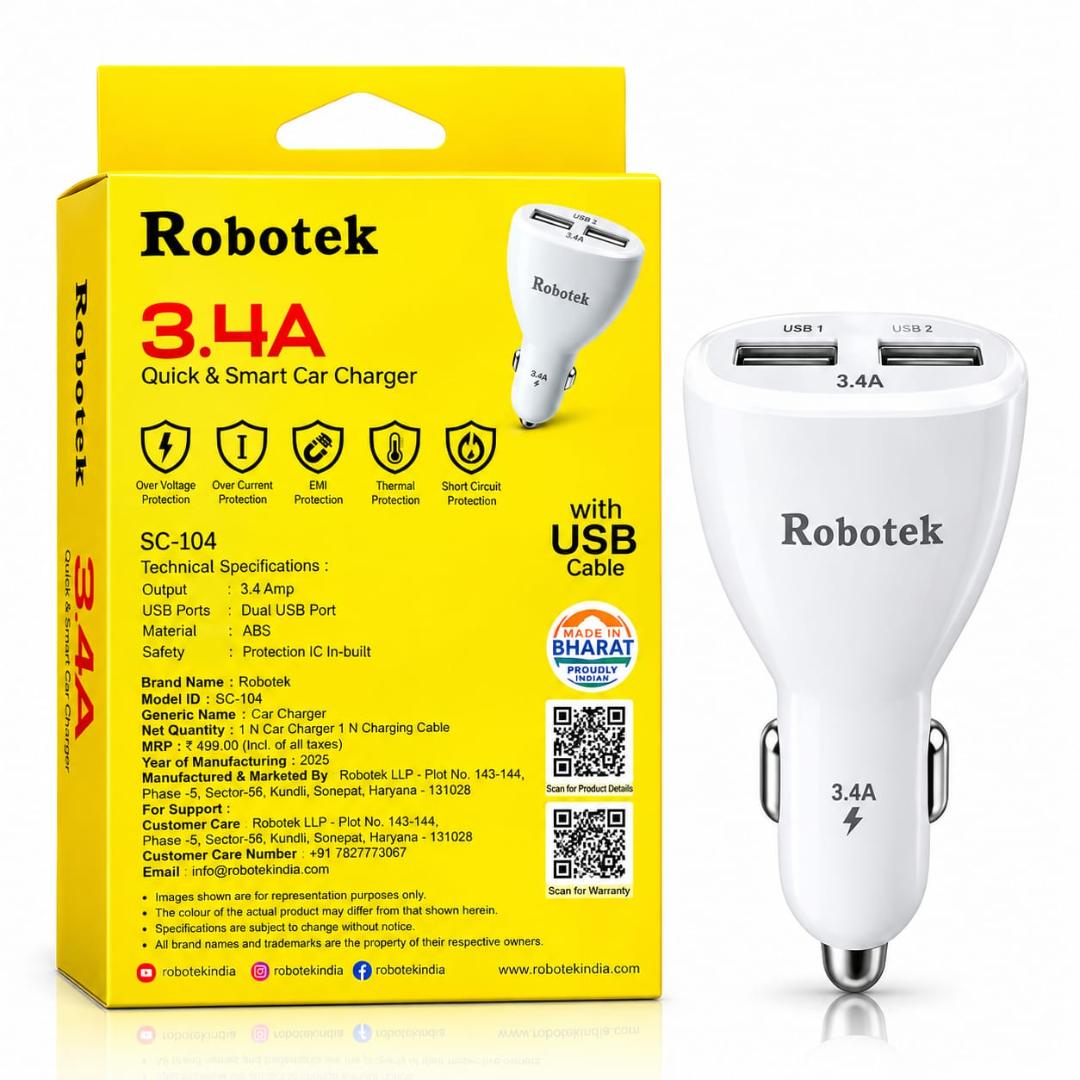 Robotek SC-104 3.4A Dual USB Quick Car  Charger with USB Cable