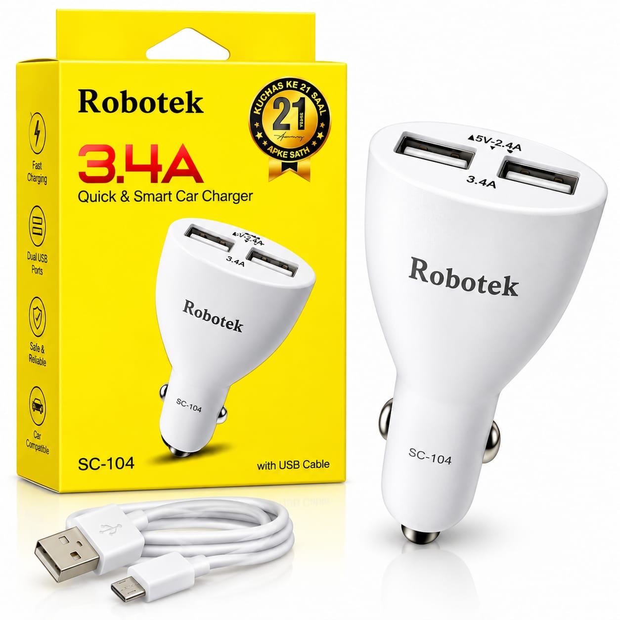 Robotek SC-104 3.4A Dual USB Quick Car Charger with USB Cable