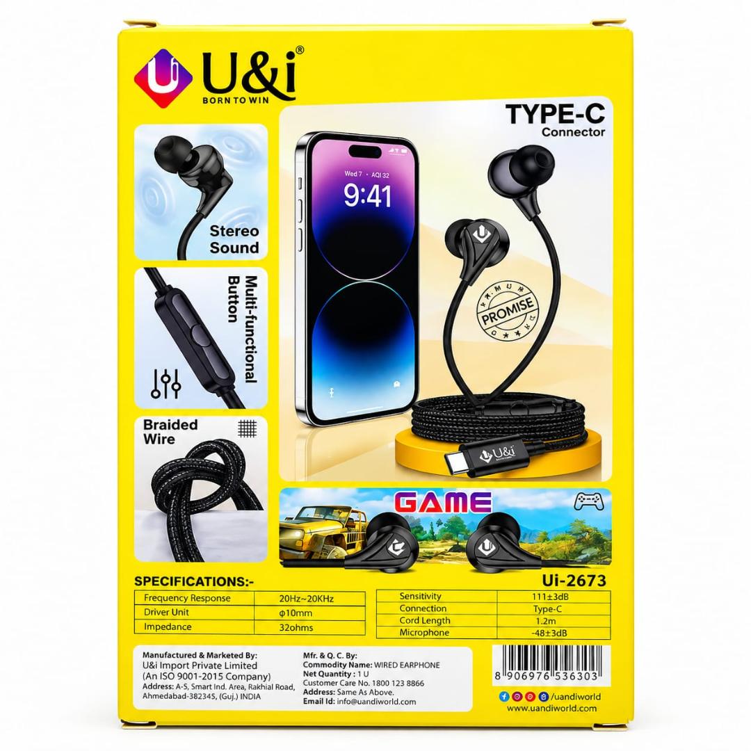 U&I Stereo In-Ear Earphones with Type-C Conne ctor, Braided Cable & Mic