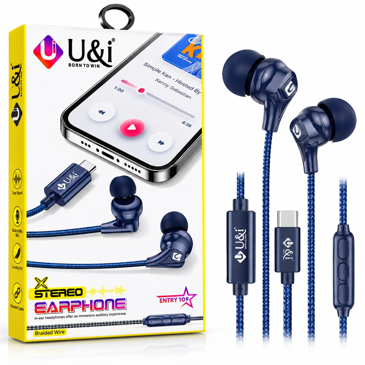 U&I Stereo In-Ear Earphones with Type-C Conne ctor, Braided Cable & Mic