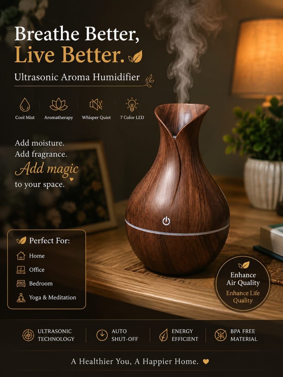 इस फोटो में जो प्रोडक्ट (सलेक्टेड रीजन) दिखाया गया है, उसे Ultrasonic Aroma Humidifier & Essential Oil Diffuser कहा जाता है