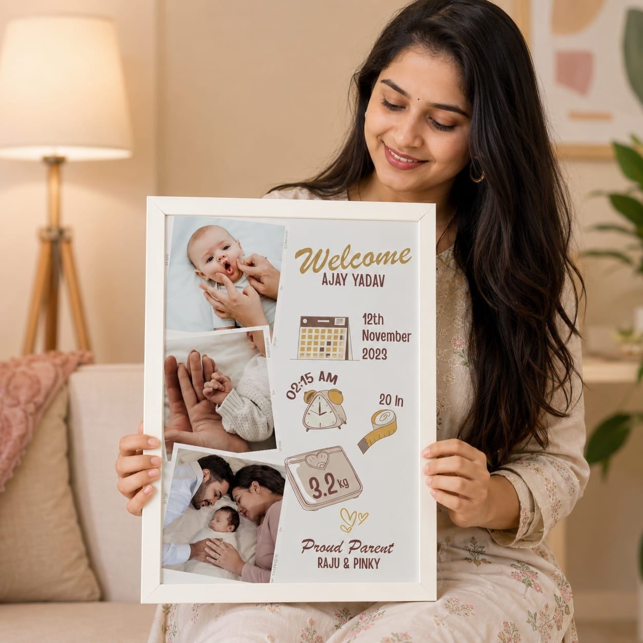 👶✨ Welcome Baby Frame ✨👶  Apne little one ke sabse khaas pal ko hamesha ke liye yaadgar banaiye 💖  🍼 Baby Name ⚖️ Birth Weight 🕐 Birth Time 🏥 Hospital Name 🩸 Blood Group 📅 Date of Birth 👨‍👩‍👧 Mom & Dad Photo Included  Ye personalized baby birth frame newb
