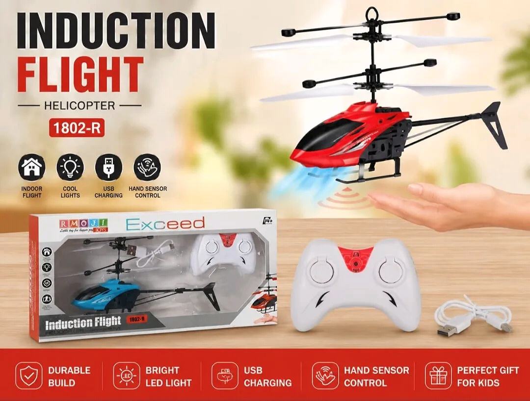 Yeh ek Induction Flight Helicopter toy (khilona) hai, jise remote aur haath ke sensor dono se control kiya ja sakta hai.