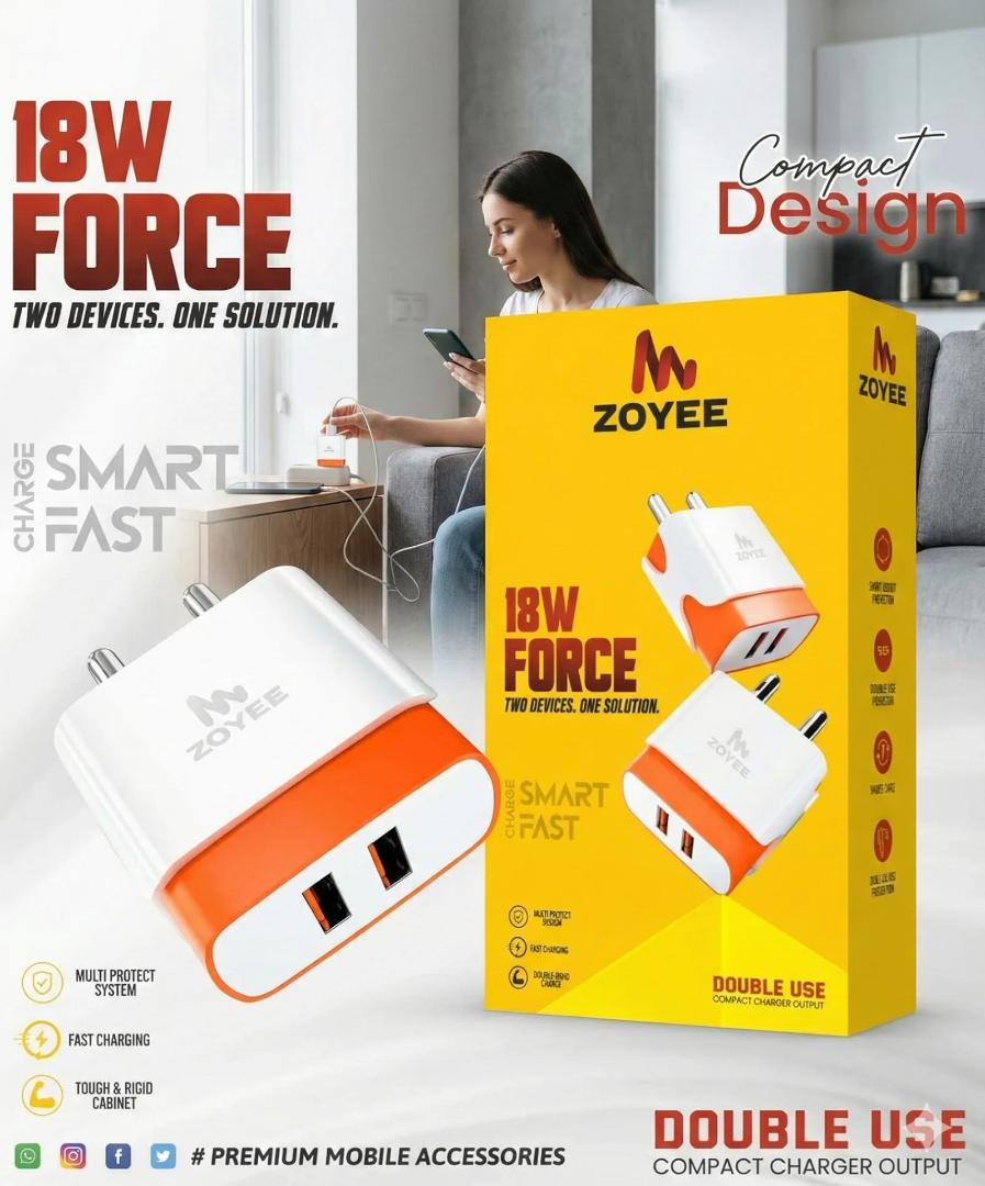 Zoyee 18W Dual USB Port | Fast Charger Adaptor For Mobile Phone/Tablets (White) Warranty 6 Month