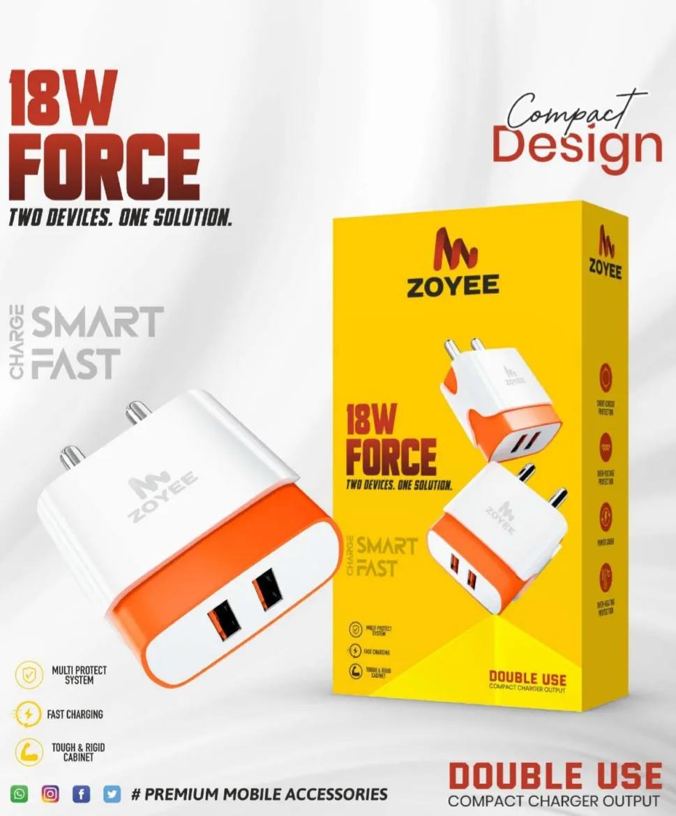 Zoyee 18W Dual USB Port | Fast Charger Adaptor For Mobile Phone/Tablets (White) Warranty 6 Month