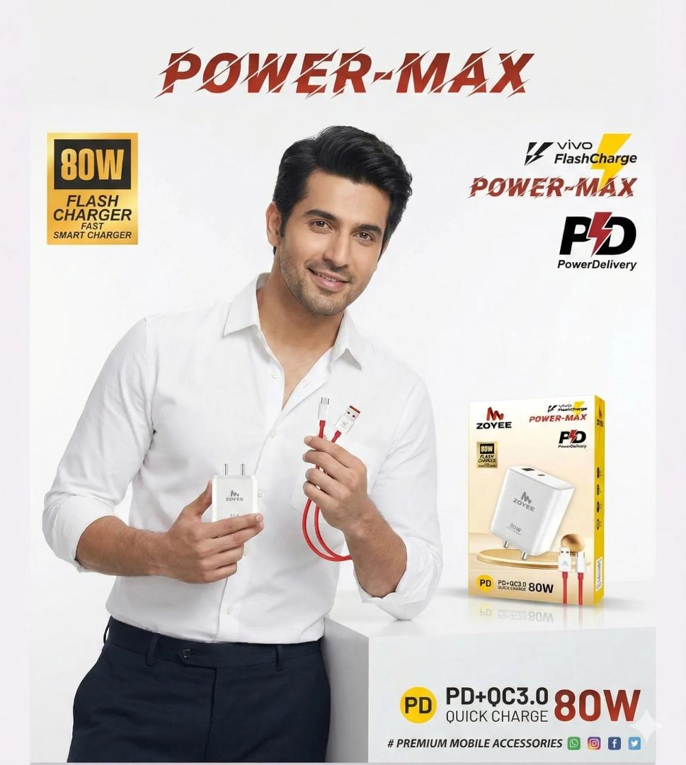 ZOYEE 80W "Power-Max" wall charger with a detachable USB-A to USB-C cable.