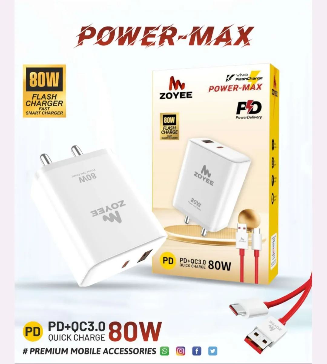 ZOYEE 80W "Power-Max" wall charger with a detachable USB-A to USB-C cable.