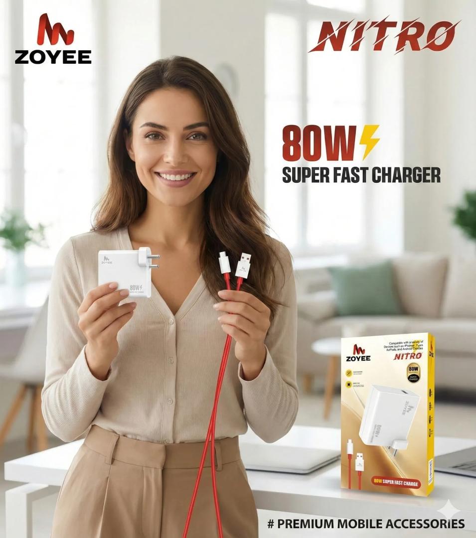 Zoyee Nitro 80W Super Fast Charger with a USB-A to Type-C cable. Warranty 6 Month