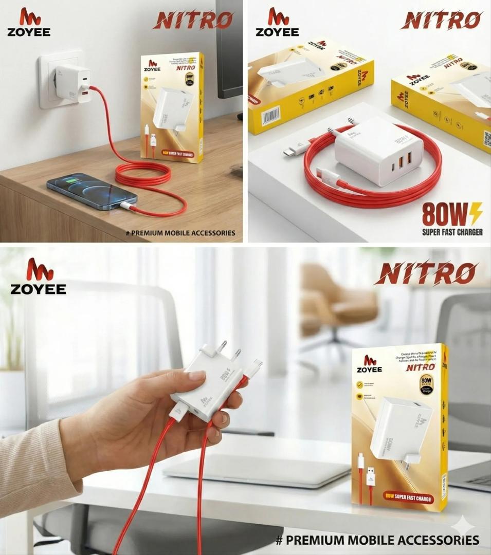 Zoyee Nitro 80W Super Fast Charger with a USB-A to Type-C cable. Warranty 6 Month