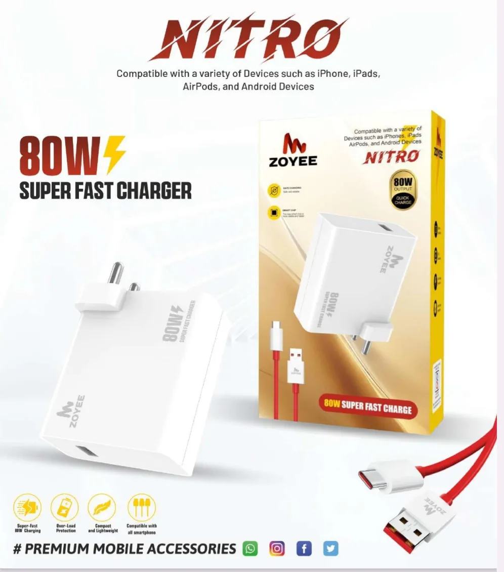 Zoyee Nitro 80W Super Fast Charger with a USB-A to Type-C cable. Warranty 6 Month