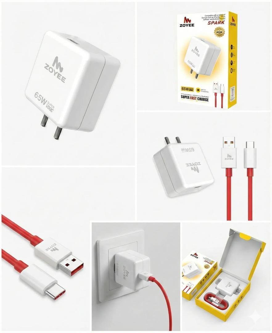 Zoyee Spark 65W Super VOOC fast charger set, which includes a wall adapter and a USB-Type  C  Cable. Warranty 6Month