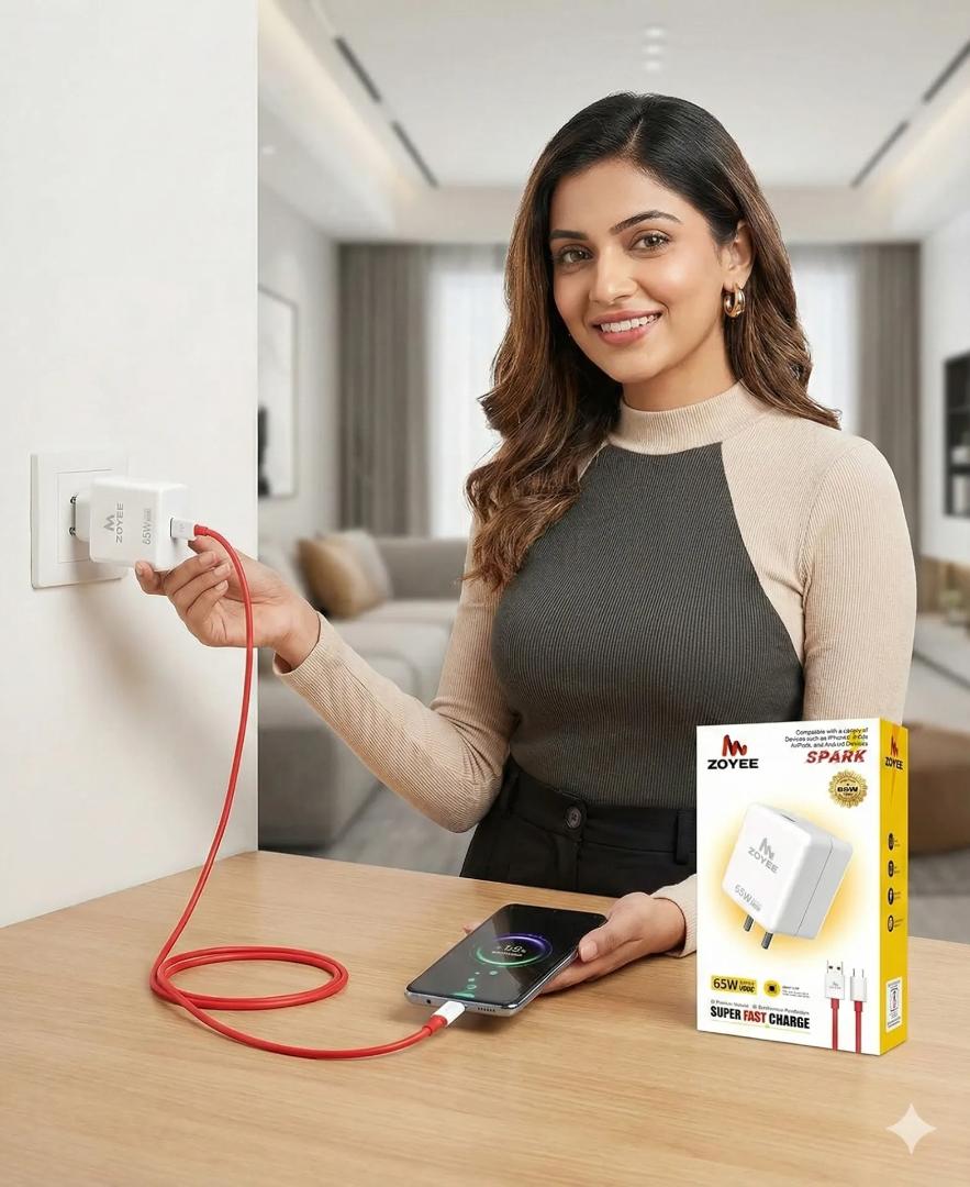 Zoyee Spark 65W Super VOOC fast charger set, which includes a wall adapter and a USB-Type  C  Cable. Warranty 6Month