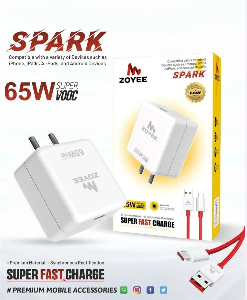 Zoyee Spark 65W Super VOOC fast charger set, which includes a wall adapter and a USB-Type  C  Cable. Warranty 6Month